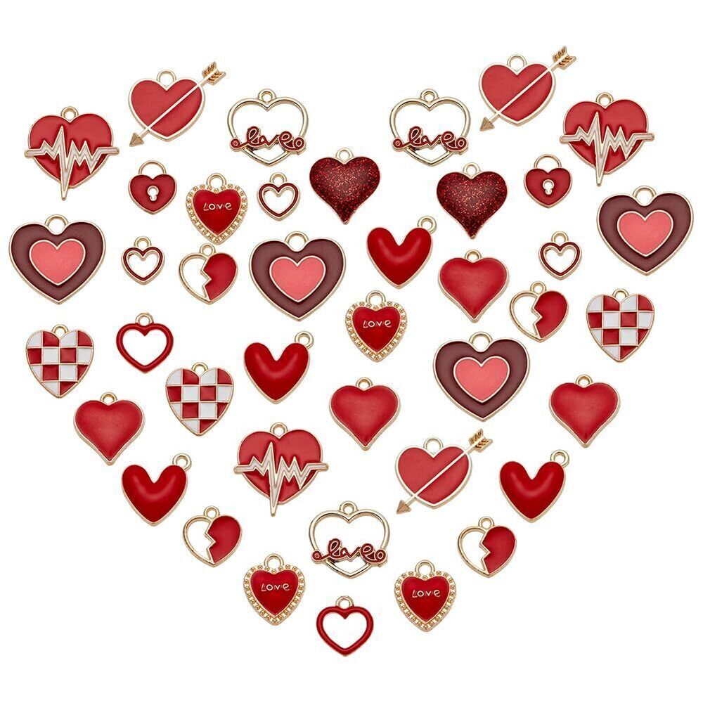 1299 78pcs Enamel Heart Pendants, 13 Styles Red Heart Charms Long Lasting